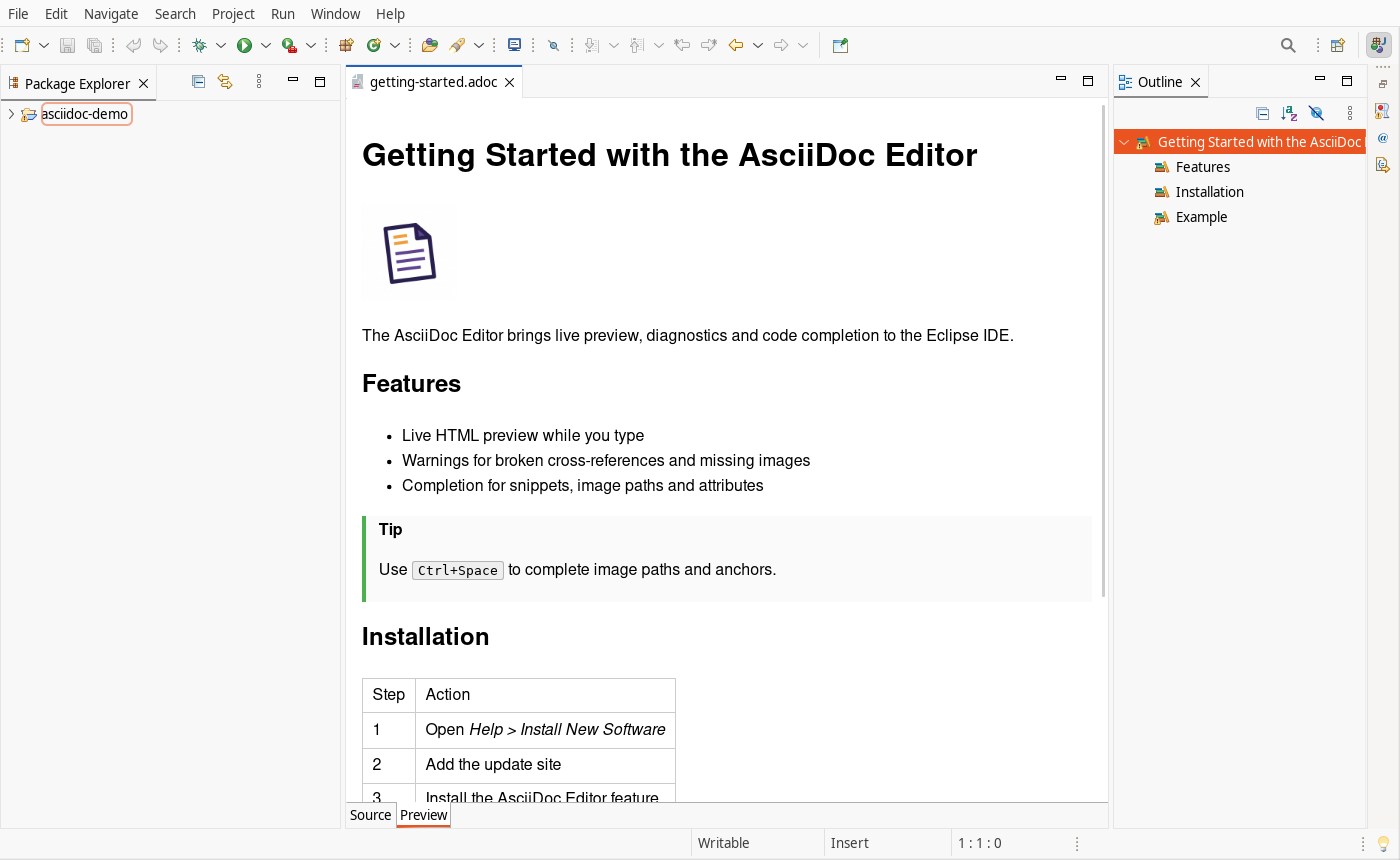 The live preview of the AsciiDoc editor in the Eclipse IDE