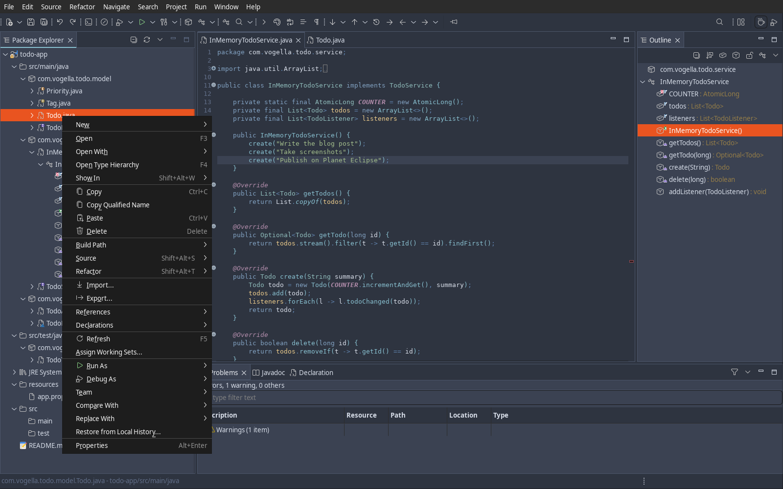 Nord theme with Codicons Dark in a Package Explorer context menu