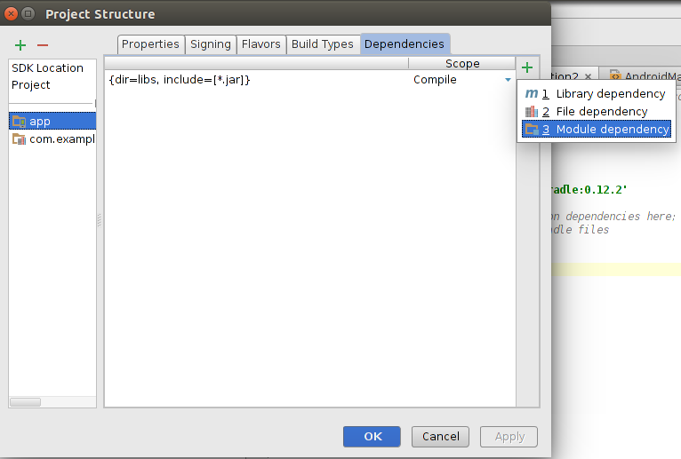 Define dependency in Android Studio - Selecting dependency