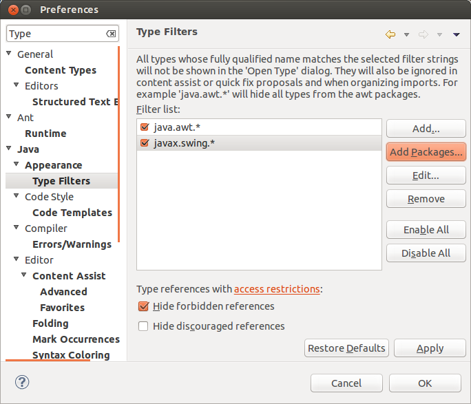 Filtering AWT and Swing packages