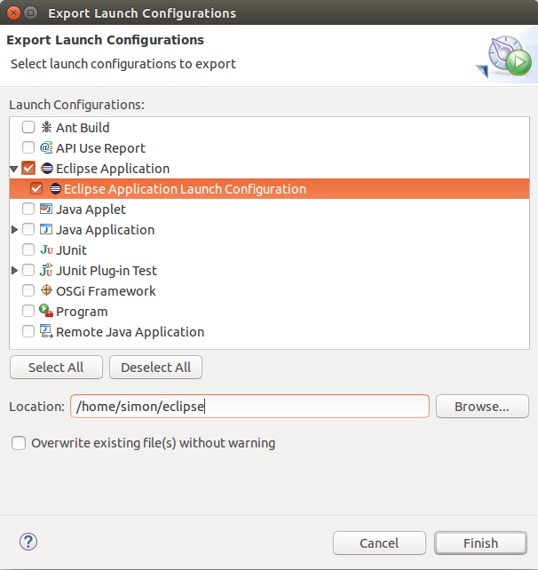 launch configuration export wizard