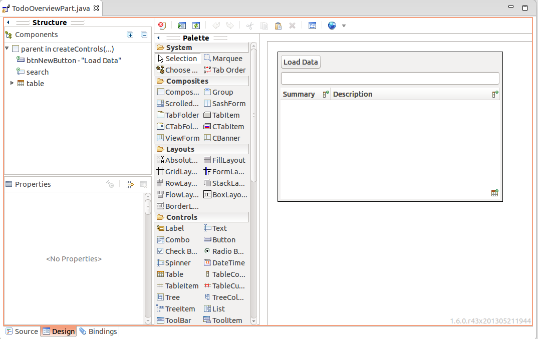 Showing SWT Designer main perspective